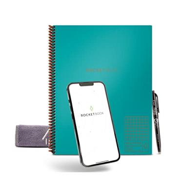 Imagem de Rocketbook Caderno gráfico reutilizável Matrix Smart | Caderno isométrico ecológico, conectado digitalmente | azul-petróleo Netuno, tamanho carta (21,5 x 28 cm) com caneta, pano e aplicativo incluídos