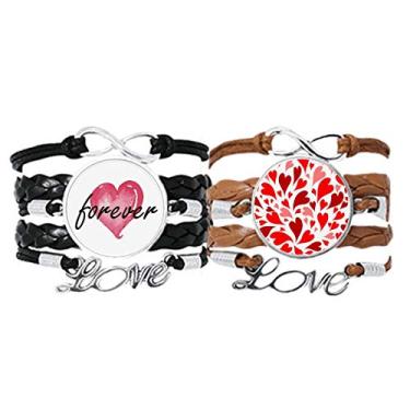Imagem de DIYthinker Pulseira vermelha rosa corações amor dia dos namorados alça de mão corda de couro Forever Love conjunto duplo