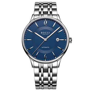 Imagem de Bocci Relógio masculino automático, pulseira de aço inoxidável, movimento japonês, relógio mecânico à prova d'água, luminoso, safira sintética, espelho, data, hora, andador, série, Prateado - azul