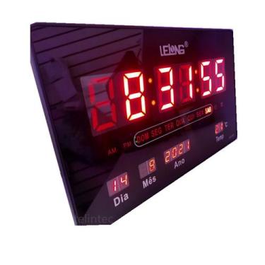 Imagem de Relógio De Led Parede 31X20cm  Vermelho Despertador Calendário Tempera