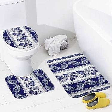 Imagem de Conjunto de tapetes de banheiro de 3 peças de renda com listras boêmias florais tapete de banheiro lavável tapete antiderrapante tapete de contorno e tampa para banheiro