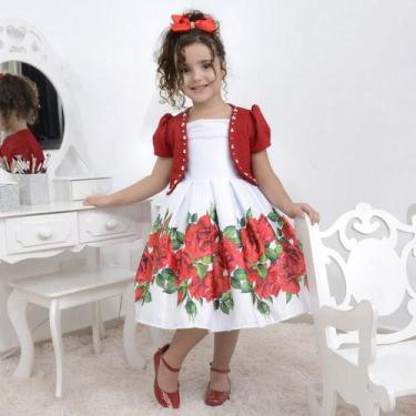 Imagem de Vestido Infantil Branco Com Rosas Vermelhas E Bolero - Moderna Meninas