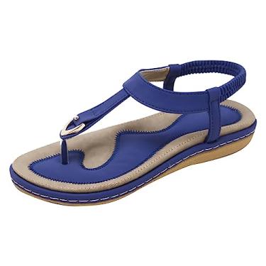 Imagem de Sandálias rasteiras de tira no tornozelo para mulheres casuais verão praia linda tanga chinelos sandálias anabela para mulheres sexy, Azul, 8.5