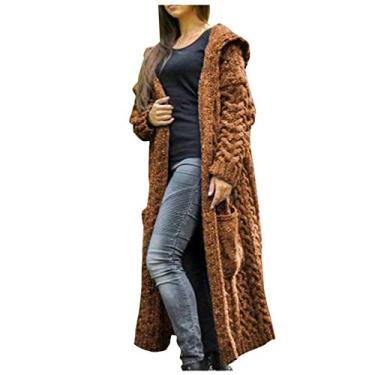 Imagem de BFAFEN Cardigã longo para mulheres, cardigã de tricô com bolsos, jaqueta casual com capuz, casaco de cor sólida solto, Marrom, 3G