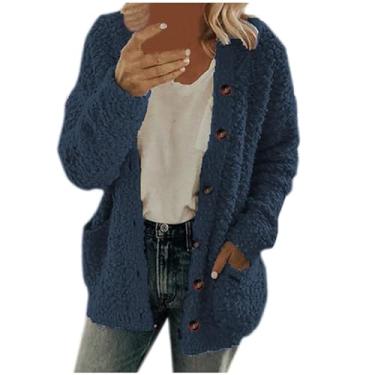 Imagem de Casaco feminino de ovelha com botões e manga comprida, cor sólida, agasalho, plus size, casaco casual de inverno, Azul escuro, M
