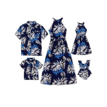 Imagem de PATPAT Roupas havaianas combinando para a família, vestidos para mamãe e eu, conjunto de combinação, vestido de verão e camisas com estampa floral tropical, Azul tropical, 6-9 Meses