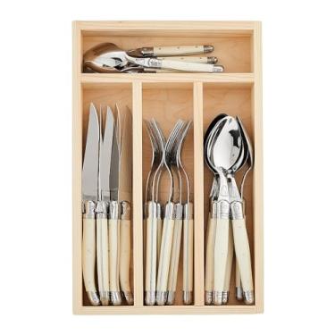 Imagem de Jean Dubost Conjunto de talheres Laguiole com 24 peças para uso diário, alças marfim, aço inoxidável resistente à ferrugem, inclui bandeja de madeira, feito na França
