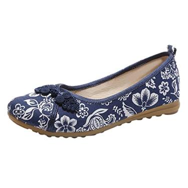 Imagem de Sandália de massagem feminina bordada floral sapatos de pano sapatos de cunha sapatos de trabalho, Azul, 35