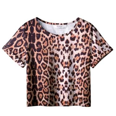 Imagem de Arshiner Camisetas femininas cropped manga curta tie dye verão camiseta gola redonda punhos enrolados moda camiseta, Estampa de leopardo, 13-14 Anos