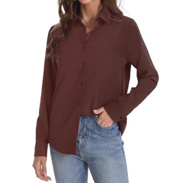 Imagem de J.VER Camisa feminina de botão manga longa sem rugas leve de chiffon sólido blusa de trabalho, Café, M