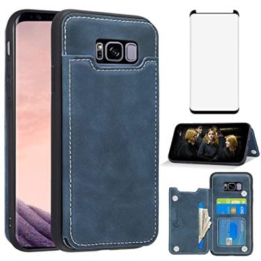 Imagem de Asuwish Capa de celular para Samsung Galaxy S8 Plus com protetor de tela de vidro temperado e suporte para cartão de crédito, acessórios para celular Glaxay S8plus S 8 8plus 8S Edge S8+ SM-G955U azul