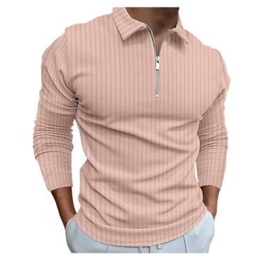 Imagem de Camisa polo masculina estampa listrada meia frente zíper pulôver cor sólida manga longa slim fit, Rosa claro, 3G