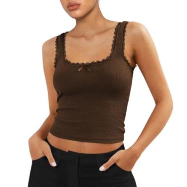 Imagem de Camiseta regata feminina com gola quadrada de renda sem mangas com acabamento canelado Y2K com laço justo, Café, G