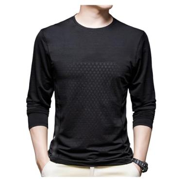 Imagem de Camisa esportiva masculina manga longa cor sólida camiseta atlética gola redonda respirável para treino, Preto, XG