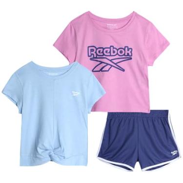 Imagem de Reebok Conjunto de shorts ativos para meninas – Camiseta de manga curta de 3 peças e shorts de ginástica golfinho de malha – Conjunto esportivo para meninas (7-12), Roxo, 8