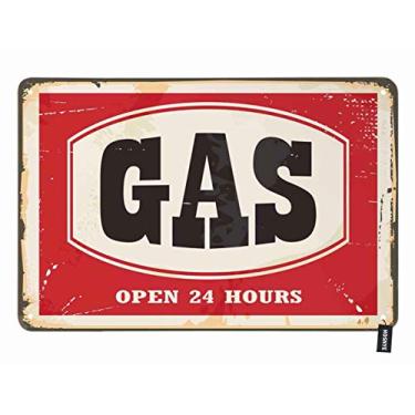 Imagem de HOSNYE Placa de lata de posto de gasolina pôster vintage com letras abertas 24 horas vermelho vintage placas de metal para homens mulheres decoração de arte de parede para casa, bares, clubes, cafés