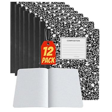 Imagem de 1InTheOffice Caderno de composição pautado quádrupla, 19 x 24 cm, caderno de composição de papel milimetrado, capa de mármore preto, 4 x 4 pautado, 100 folhas, (pacote com 12)