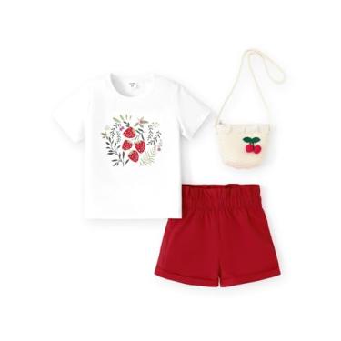 Imagem de PATPAT Conjunto de 3 peças para meninas, camiseta de manga curta e shorts de cor lisa com bolsa de palha de tecido, roupas de verão, Vermelho (berry Red), 4-5 Anos