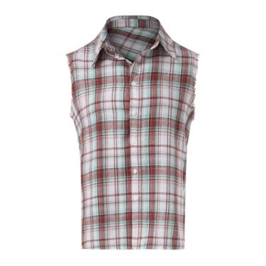 Imagem de Camisa masculina xadrez sem mangas casual de flanela com botões ajuste solto com bolso, Branco-a210, XXG