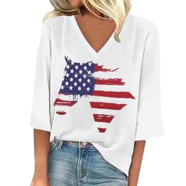 Imagem de Camiseta feminina patriótica com bandeira americana manga 3/4 Dia da Independência Top 4 de julho Vintage Star Stripe Blusa Gráfica Túnica, Branco, GG