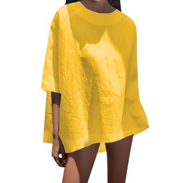 Imagem de Camisetas femininas plus size de linho patchwork manga 3/4 comprimento cor sólida gola redonda camisetas modernas de ajuste solto, Amarelo, GG