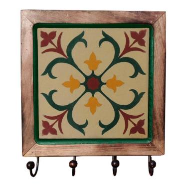 Imagem de Cabideiro Em Madeira Com Ladrilho Hidráulico Porta Chaves Roupas Bolsas Ladrilho D1