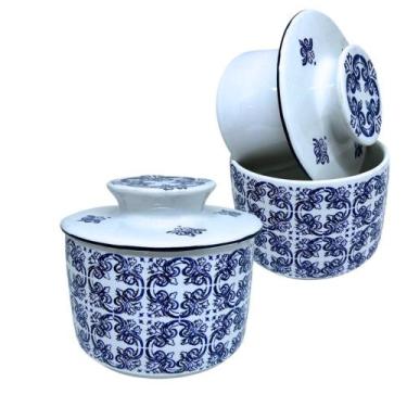 Imagem de Manteigueira Francesa Branca Decoração azul Não precisa ir na geladeir