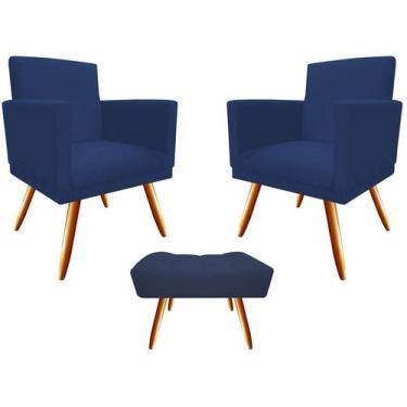 Imagem de Kit 2 Poltronas Decorativa Bia + Puff Retangular Suede Azul Marinho Pé