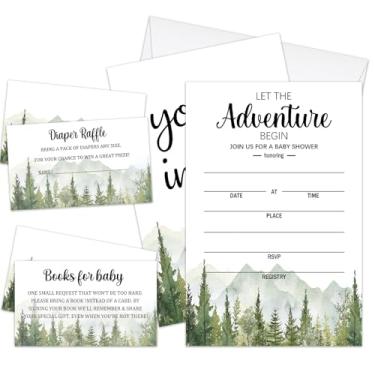 Imagem de Convites de chá de bebê para meninos e meninas, conjunto de 25 convites de chá de bebê da floresta para revelação de gênero cartões com envelopes, cartões de solicitação de livros, ingressos de