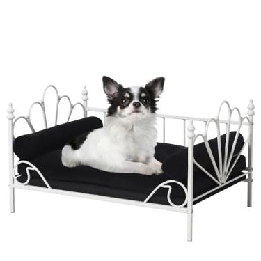 Imagem de Sofá-cama para animais de estimação, cama de gato, cama de cachorro com moldura de metal e almofada de veludo branco destacada com 2 travesseiros para cães pequenos (branca)