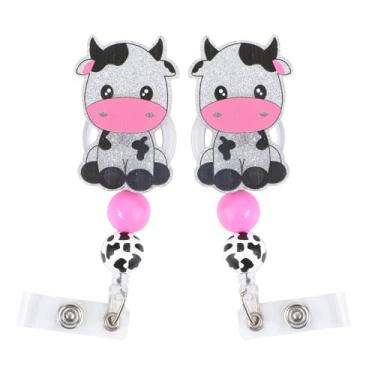 Imagem de 2 peças de carretéis de crachá de vaca fofos, clipe retrátil de acrílico para crachá de enfermeira engraçado carretel de crachá de animal com estampa fofa acessórios para enfermeiras médicas estudante
