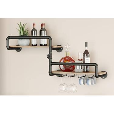 Imagem de Prateleira de vinho montada na parede de 2 camadas, garrafa de vinho rústica de 110 cm, prateleiras flutuantes para bar de bebidas com suporte de vidro de 4 hastes, cozinha moderna industrial, sala de