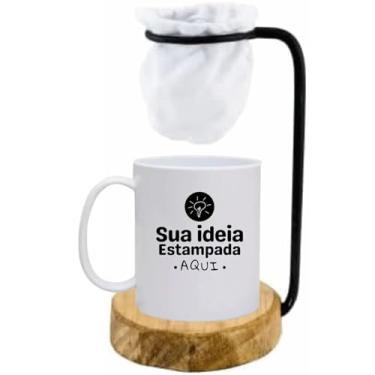 Imagem de Caneca Personalizada com Coador de Madeira, Branca