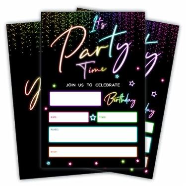 Imagem de JCVUK It's Party Time! Convites de aniversário - neon brilhante retrô - 20 peças de cartões de convite e envelopes de preenchimento dupla face para meninos, meninas, lembrancinhas de festa de