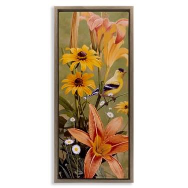 Imagem de Stupell Industries Among the Flowers Bird Framed Floater Canvas Wall Art Design por Rod Lawrence, moldura flutuante marrom, 28 x 63 cm