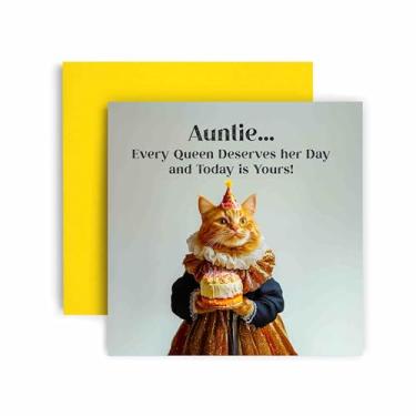 Imagem de Huxters Cartão de feliz aniversário engraçado Auntie - Every Queen Cat Deserves Her Day Gift Card for Her Card for Auntie - 14,8 cm (tia)