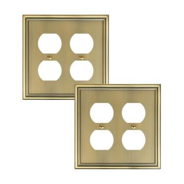 Imagem de TREEWELL Pacote com 2 capas duplas de tomada, placas decorativas de latão antigo e tampas de tomada para tomada elétrica, placas de parede de liga de zinco duráveis, capa de receptáculo para 2 grupos,