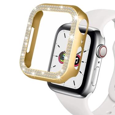 Imagem de (46 mm, capas douradas ZQCFKJ Bling Crystal Diamond Bumper Cover [2 unidades] para Apple Watch Series 10 46 mm iWatch Glitter Double Row Crystal Frame Stainless Steel Metal Protective Cover Bumper