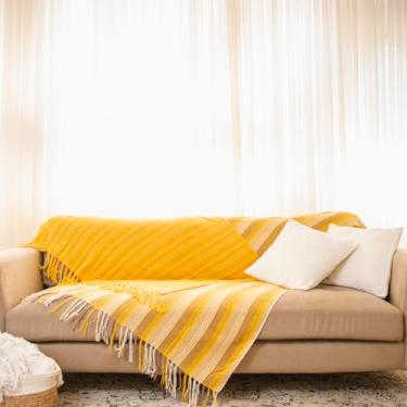 Imagem de Kit 2 Mantas Para Sofá Amarela e Amarela Faixa Xale Decorativo Com Franjas De Luxo 100% Algodão 1,20m X 1,80m Tear Mineiro Artesanal