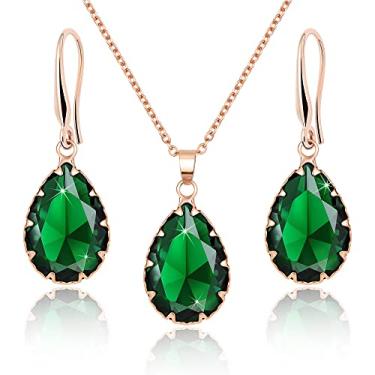 Imagem de Jertom Conjunto de joias de cristal austríaco banhado a ouro 14 k com pingente de gota e brincos em forma de pera para mulheres e meninas, emerald set rose, Latão Cobre Pedra preciosa, Esmeralda sintética Zircônia cúbica Diamante criado