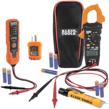 Imagem de Klein Tools CL120VP Kit de teste de tensão elétrica com medidor de grampos, três testadores, cabos de teste, bolsa e baterias