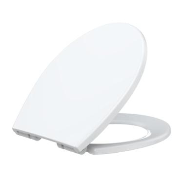 Imagem de Assento sanitário, assento de vaso sanitário alongado em PP com sistema SecureLock - ajuste universal para banheiros padrão americano, assento de vaso sanitário alongado fechamento lento design branco