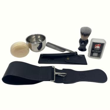 Imagem de Femininos GBS Shave Pronto lâmina reta 7 Piece Set; Lâmina de aço inoxidável 6/8" Escalas de madeira de barbear, couro strop, inoxidável Bowl & escova Badger Shaving Soap glicerina, Case & Alum Bloco