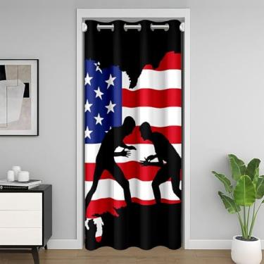 Imagem de Cortina de porta silhueta de jogadores de luta livre 106 cm L x 203 cm C C Cortina de entrada com listras bandeira da América Ocidental Privacidade para crianças, adolescentes e adultos Modernos