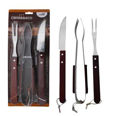 Imagem de Kit Churrasco Casita, 3 Peças, Aço Inox com Cabo de Madeira, Garfo, Faca e Pegador