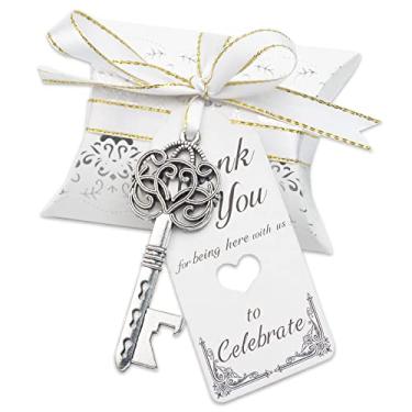 Imagem de Aokbean 50 peças vintage esqueleto chave abridores de garrafa lembrancinha de casamento conjunto de presente travesseiro caixa de doces acompanhante etiqueta de agradecimento fita francesa