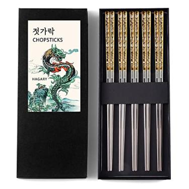 Imagem de Hagary Dragon Chopsticks Metal Reusable Designed In Korea Japanese Style Stainless Steel 316 18/10 Non-Slip Dishwasher Safe Laser Etched (Gold - 5 Pairs)