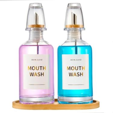 Imagem de Dispensador de enxaguante bucal de vidro para banheiro, copo de enxaguante bucal reutilizável, bandeja de bambu