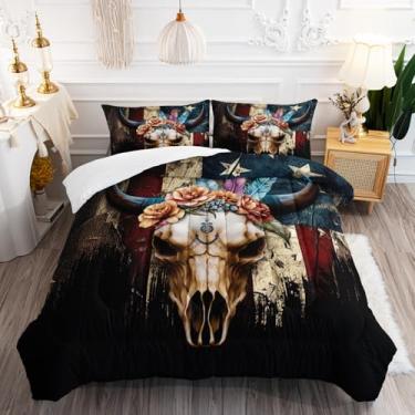 Imagem de AILONEN Conjunto de edredom Queen de caveira de touro, 3 peças, estampa de chifre de vaca bovino, guirlanda, touro, bandeira americana, conjunto de edredom para decoração de quarto, 1 colcha com 2
