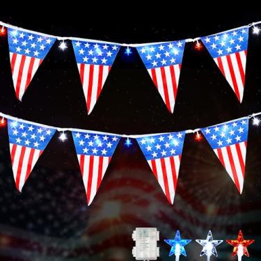 Imagem de WBao Cordão de luzes patrióticas de 4 de julho – 5 metros de comprimento com 20 bandeiras triangulares dos EUA e 50 estrelas LED, luzes à prova d'água operadas por bateria do 4 de julho com 8 modos e